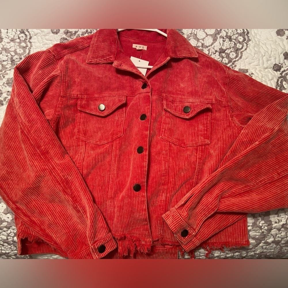 NWT POL Button Corduroy Womens Trucker Jacket rusty red raw hem cropped small - Picture 3 of 8